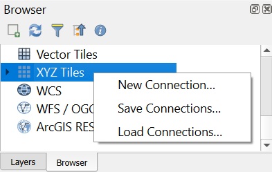 QGIS Browser panel showing the XYZ Tiles connection option