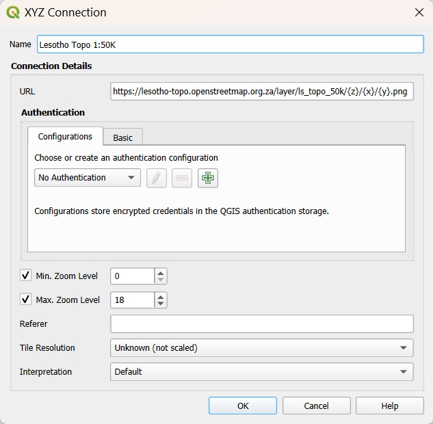 QGIS dialog for configuring an XYZ tile connection