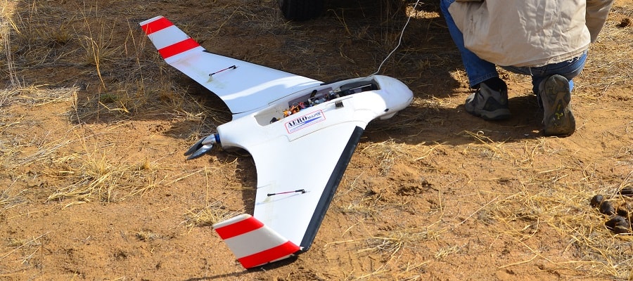 Fixed-Wing Drone on Field with Cable
